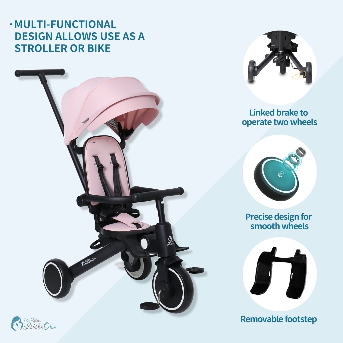 Foryourlittleone Xplor Plus 6 in 1 Foldable Trike - Pastel Pink (10m-5y)
