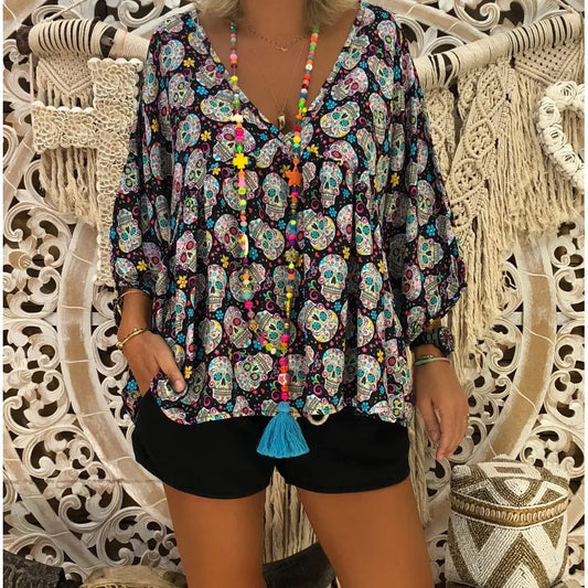 V-Neck Skull Print Three-Quarter Sleeve T-Shirt