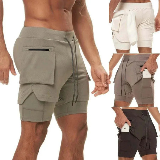 Men 2 in 1 Running Training Joggers Gym Shorts With Phone Pocket