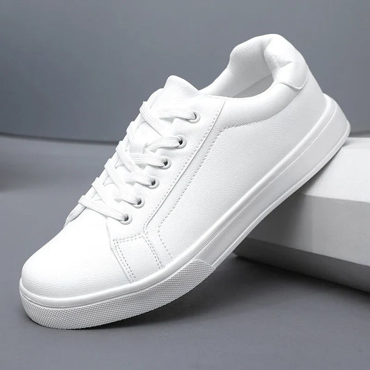Unisex White Casual Trainers – Soft PU Leather Business Lace-Up Shoes