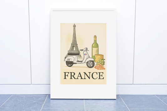 Vintage France Travel Poster - Paris Wall Art with Scooter, Wine & Cheese - Charming Home Decor
