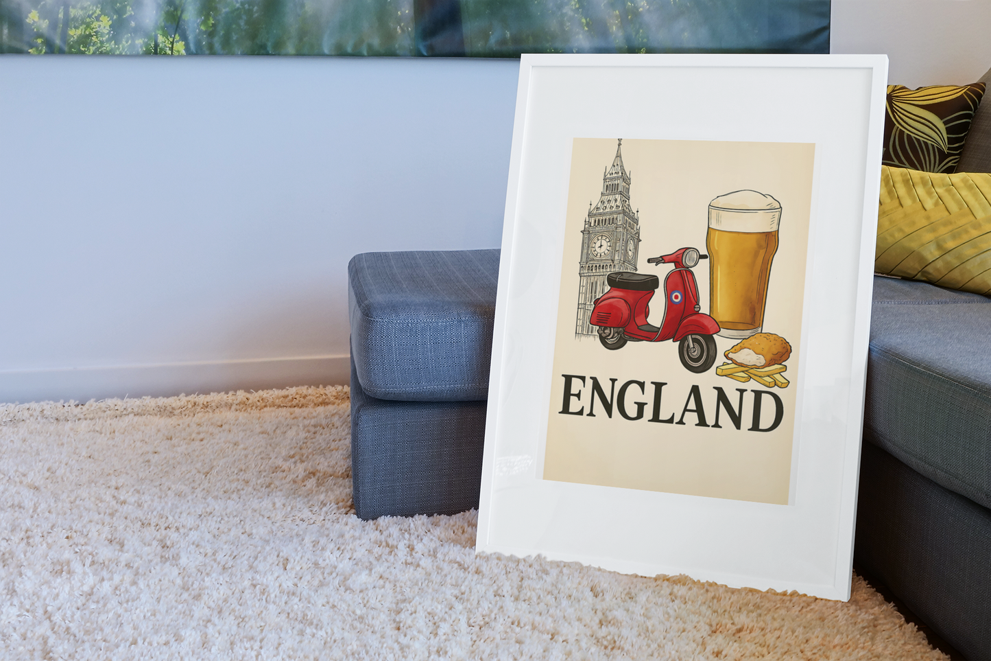 Classic England Poster - Vespa, Big Ben & Beer - British Retro Decor