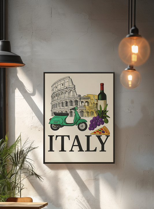 Vintage Italy Travel Poster - Vespa, Pizza & Wine - Italian Home Decor