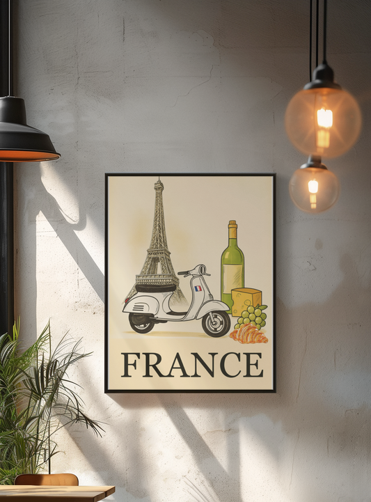 Vintage France Travel Poster - Paris Wall Art with Scooter, Wine & Cheese - Charming Home Decor