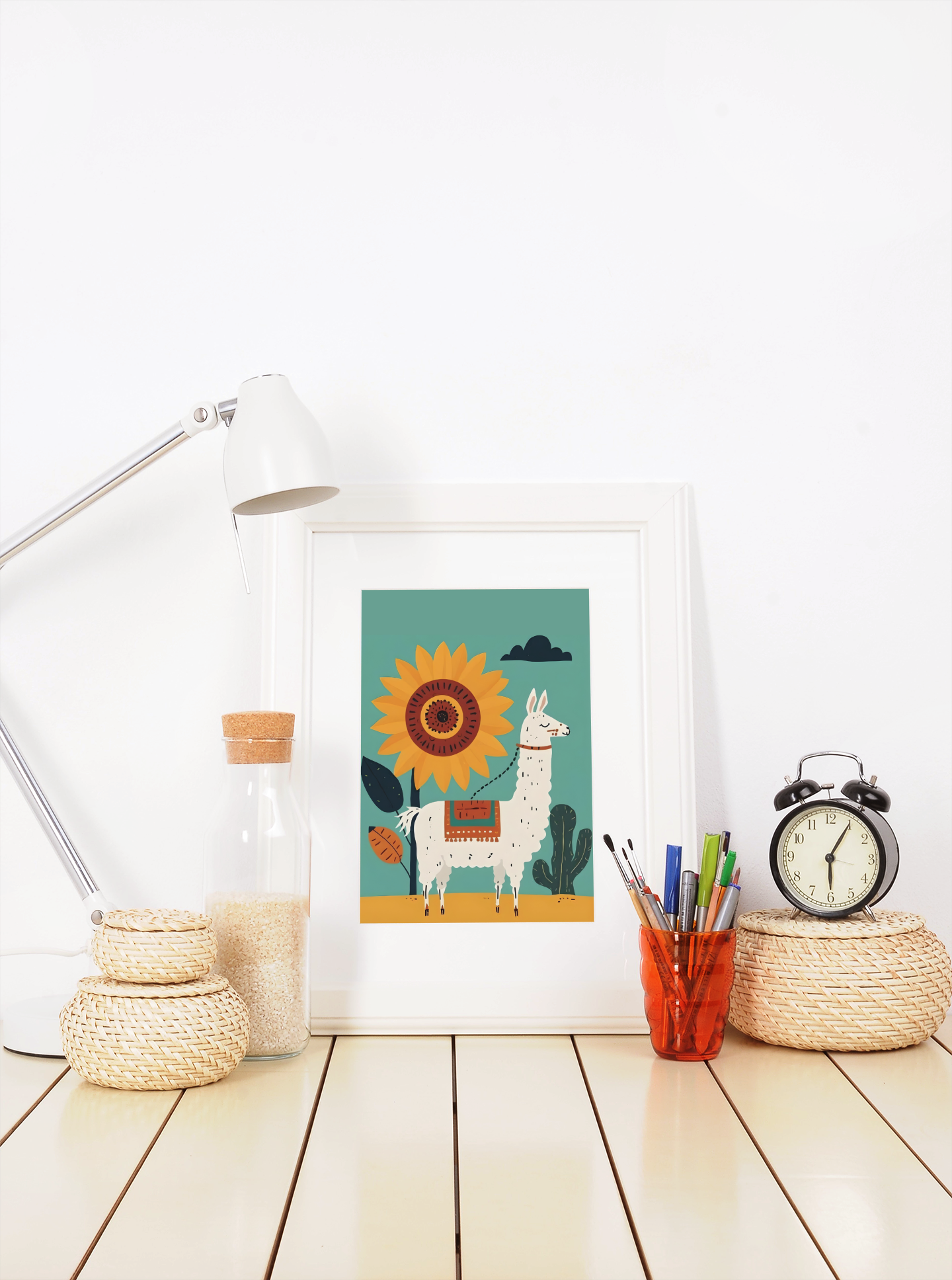 Whimsical Llama Folk Art Poster - Boho Wall Decor - Modern Mid-Century Colors
