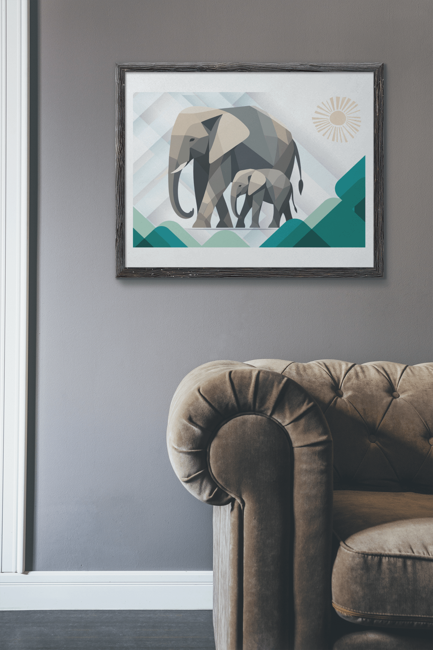 Elephant Duo Wall Art - Neutral Geometric Wildlife Illustration - Eco-Friendly Poster