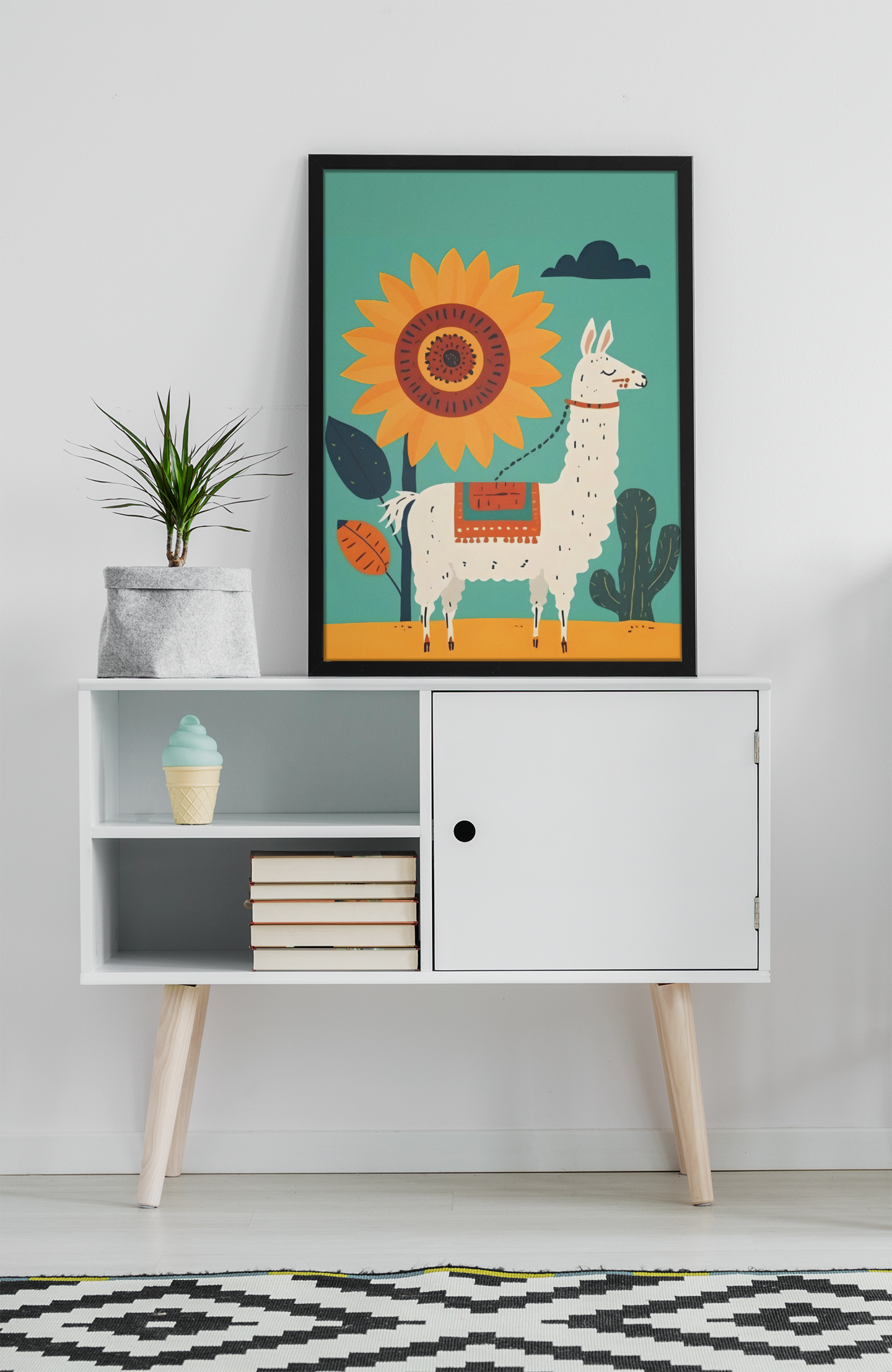 Whimsical Llama Folk Art Poster - Boho Wall Decor - Modern Mid-Century Colors