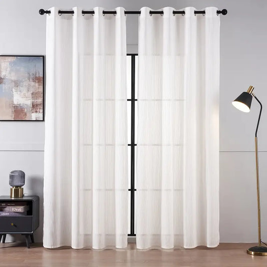 Striped Tulle White Curtains – Light Filtering Sheer Drapes for Bedroom & Living Room
