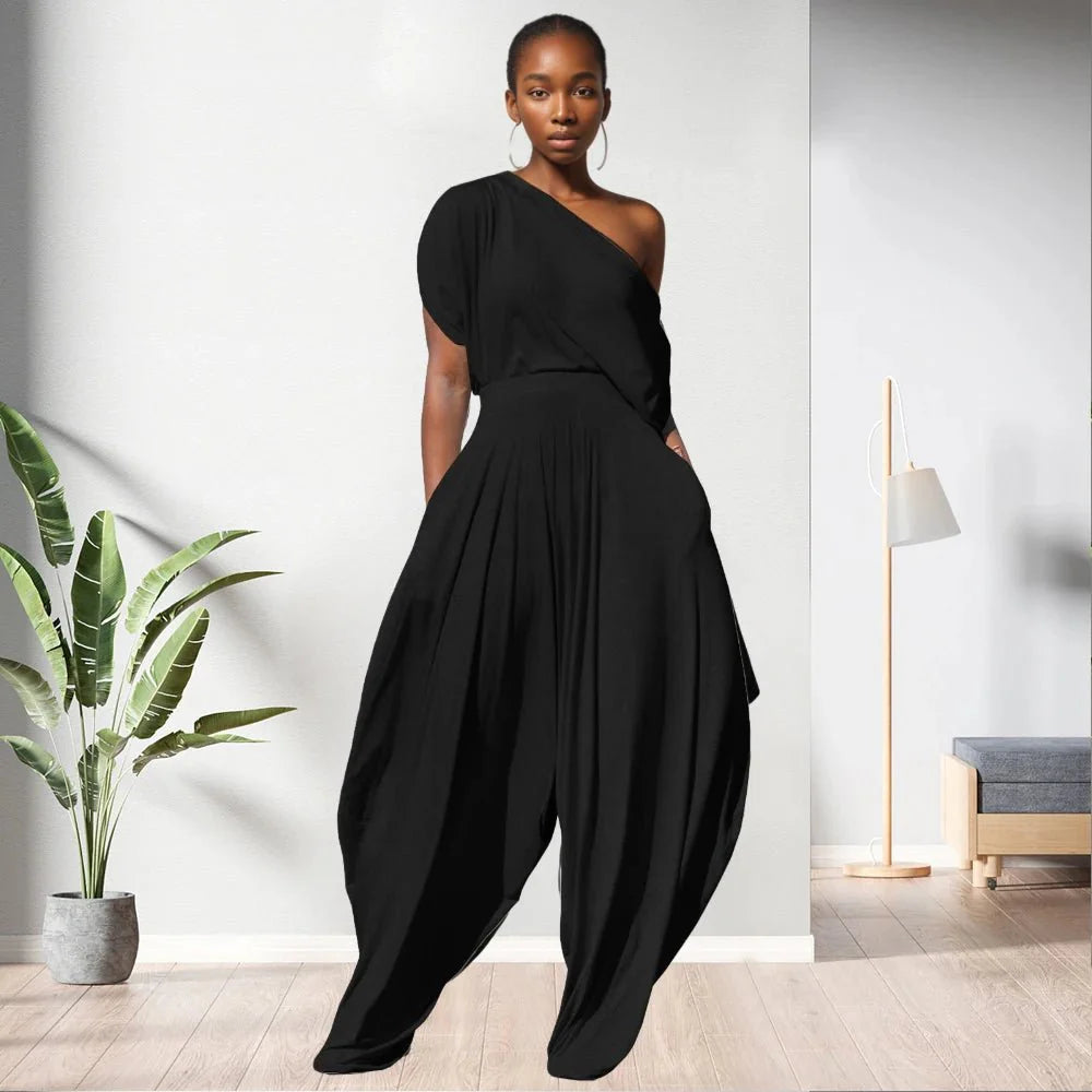 One Shoulder Top Solid Colour Women 2 Piece Pants Set