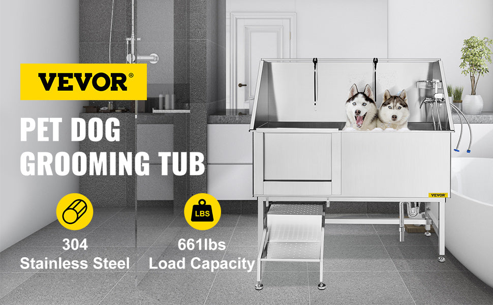 VEVOR 62 Inch Dog Grooming Tub Professional Stainless Steel Pet Dog Bath Tub With Steps Faucet & Accessories Dog Washing Station