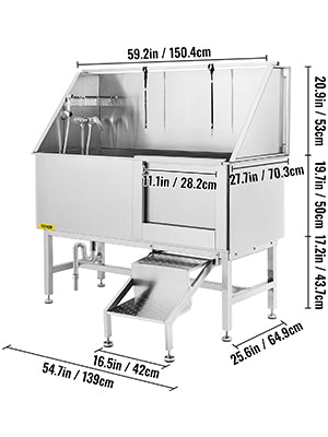 VEVOR 62 Inch Dog Grooming Tub Professional Stainless Steel Pet Dog Bath Tub With Steps Faucet & Accessories Dog Washing Station