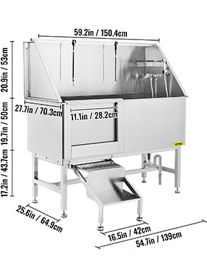 VEVOR 62 Inch Dog Grooming Tub Professional Stainless Steel Pet Dog Bath Tub With Steps Faucet & Accessories Dog Washing Station