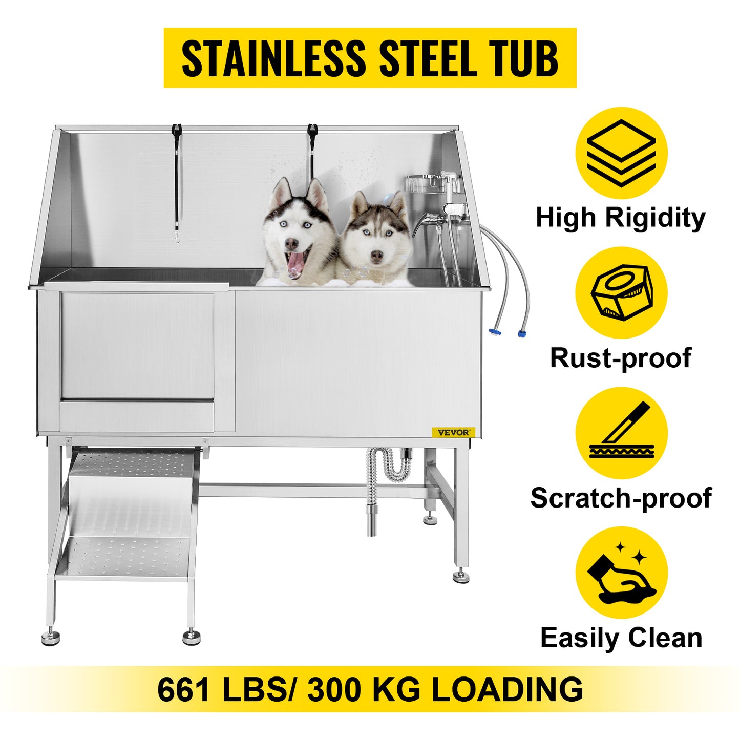VEVOR 62 Inch Dog Grooming Tub Professional Stainless Steel Pet Dog Bath Tub With Steps Faucet & Accessories Dog Washing Station