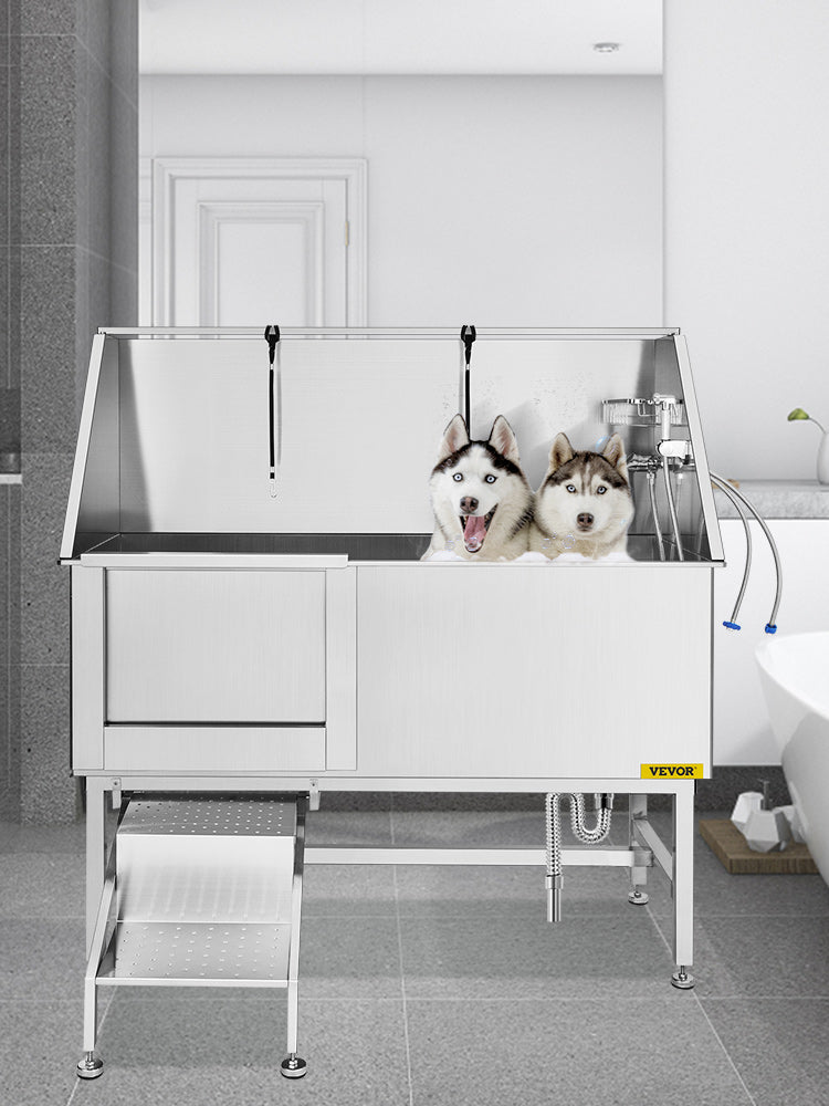 VEVOR 62 Inch Dog Grooming Tub Professional Stainless Steel Pet Dog Bath Tub With Steps Faucet & Accessories Dog Washing Station