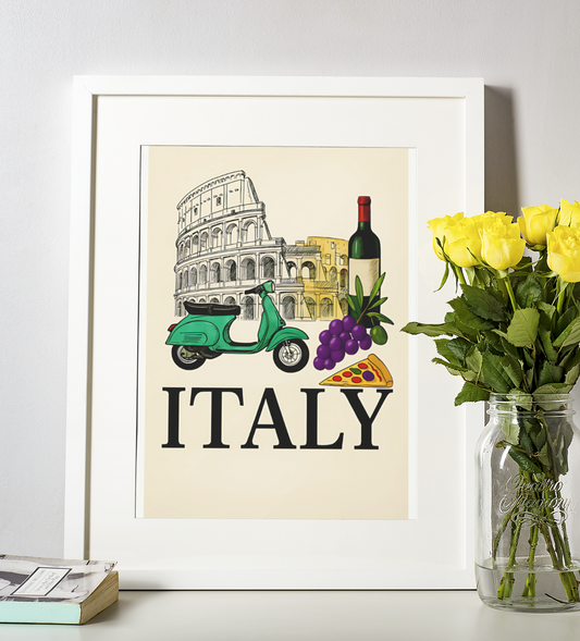 Vintage Italy Travel Poster - Vespa, Pizza & Wine - Italian Home Decor