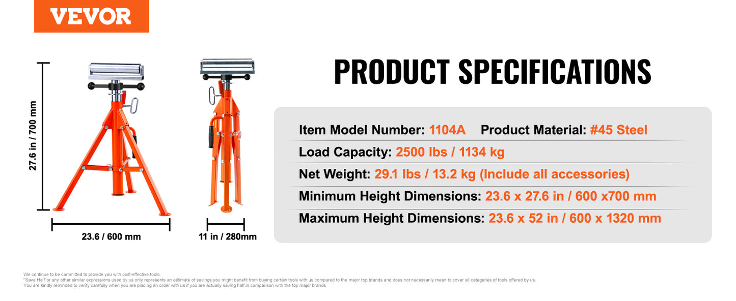 VEVOR Roller Stand Heavy Duty 2500 LBS Load Capacity 27.6"-52" Adjustable Folding Roller Support Stand for Pipes Wooden Boards