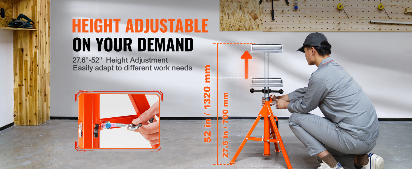 VEVOR Roller Stand Heavy Duty 2500 LBS Load Capacity 27.6"-52" Adjustable Folding Roller Support Stand for Pipes Wooden Boards
