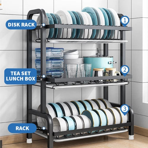 3 Tier Dish Drainer Rack with Drip Tray Cutlery Holder Plate Rack Kitchen Sink