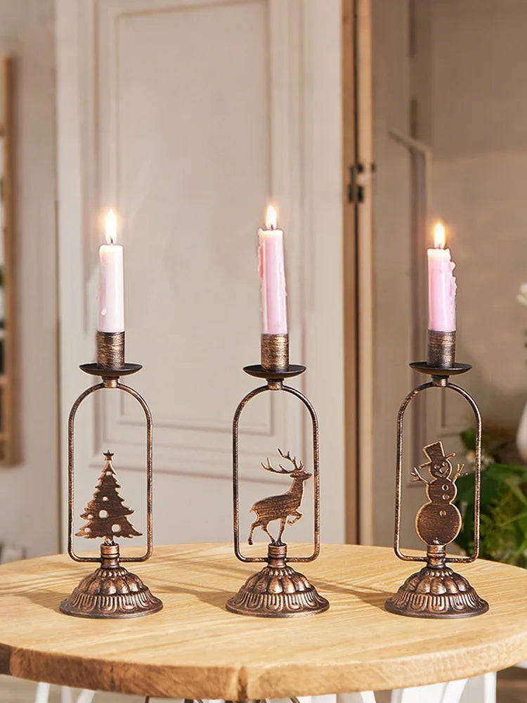 Set of 3 Iron Christmas Candle Holders – Tree, Snowman & Deer (Vintage Bronze)