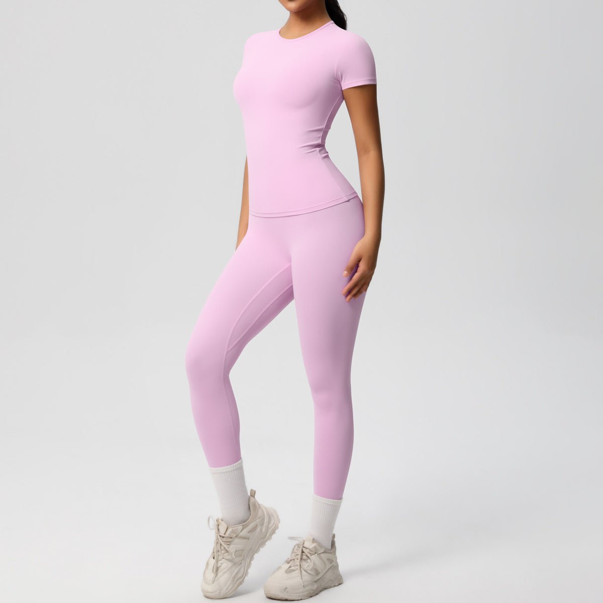 Skin-friendly Sports Set - European and American Style, Solid Color T-shirt, Stretchable Yoga Pants, High Waist Workout Suit for Women
