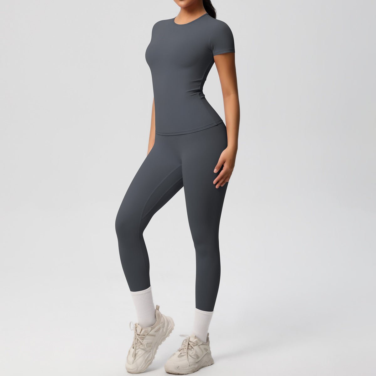 Skin-friendly Sports Set - European and American Style, Solid Color T-shirt, Stretchable Yoga Pants, High Waist Workout Suit for Women