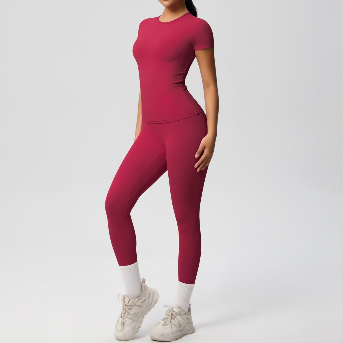 Skin-friendly Sports Set - European and American Style, Solid Color T-shirt, Stretchable Yoga Pants, High Waist Workout Suit for Women