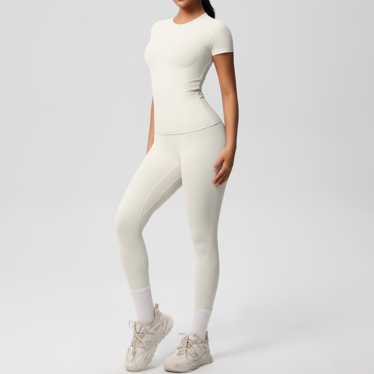 Skin-friendly Sports Set - European and American Style, Solid Color T-shirt, Stretchable Yoga Pants, High Waist Workout Suit for Women