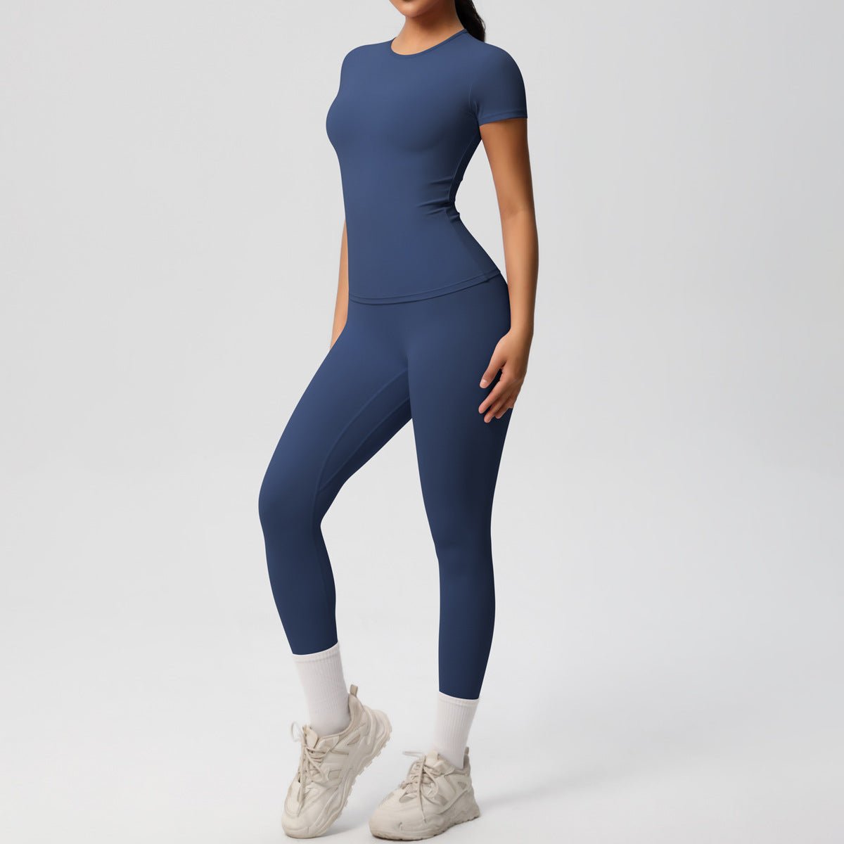 Skin-friendly Sports Set - European and American Style, Solid Color T-shirt, Stretchable Yoga Pants, High Waist Workout Suit for Women