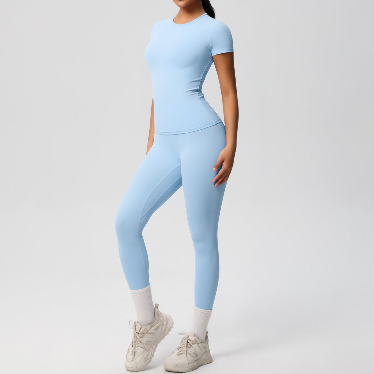 Skin-friendly Sports Set - European and American Style, Solid Color T-shirt, Stretchable Yoga Pants, High Waist Workout Suit for Women