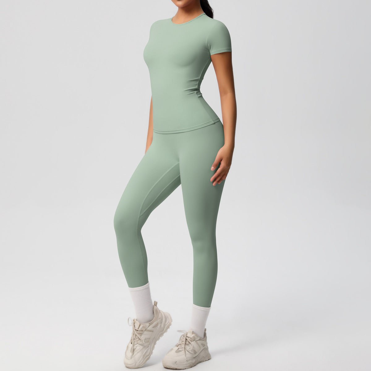 Skin-friendly Sports Set - European and American Style, Solid Color T-shirt, Stretchable Yoga Pants, High Waist Workout Suit for Women