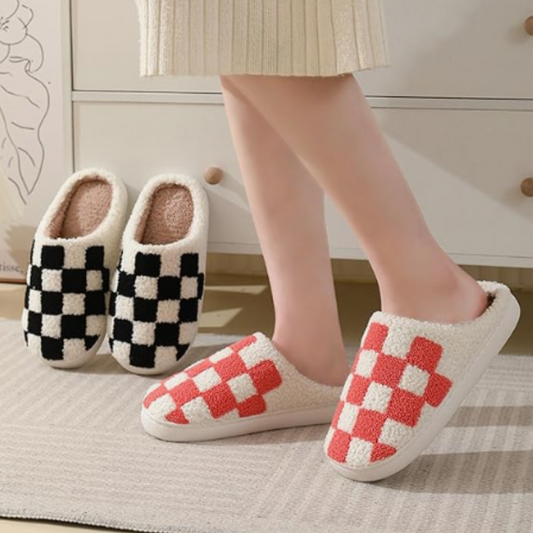 Winter Checkerboard Cotton Slippers – Indoor Comfort for Men & Women