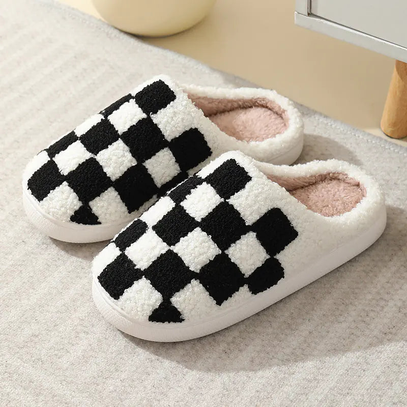 Winter Checkerboard Cotton Slippers – Indoor Comfort for Men & Women