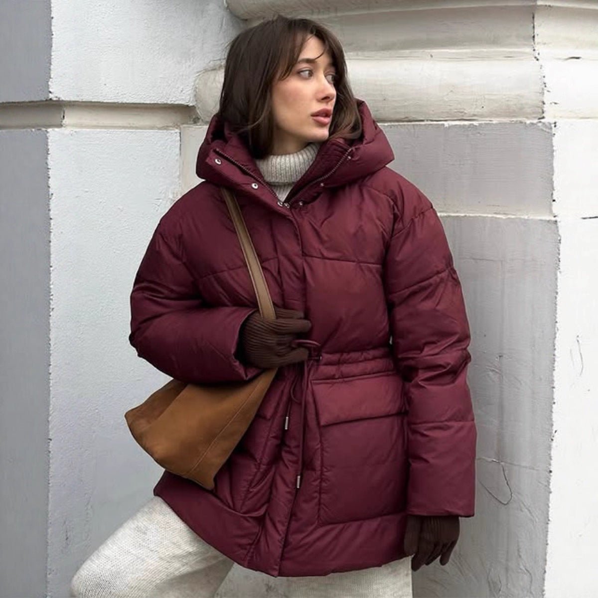 Wine Red Hooded Cotton Jacket